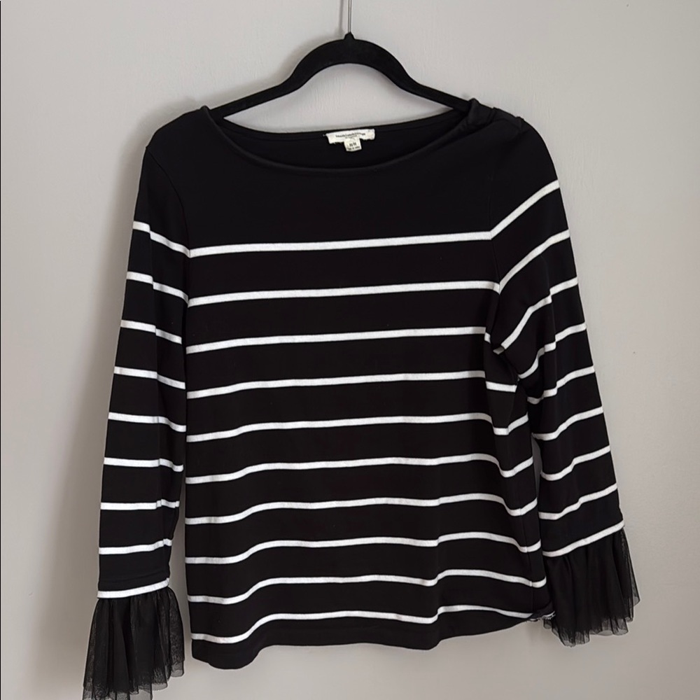 Black and White Striped Top with Mesh Ruffle Flare Sleeve